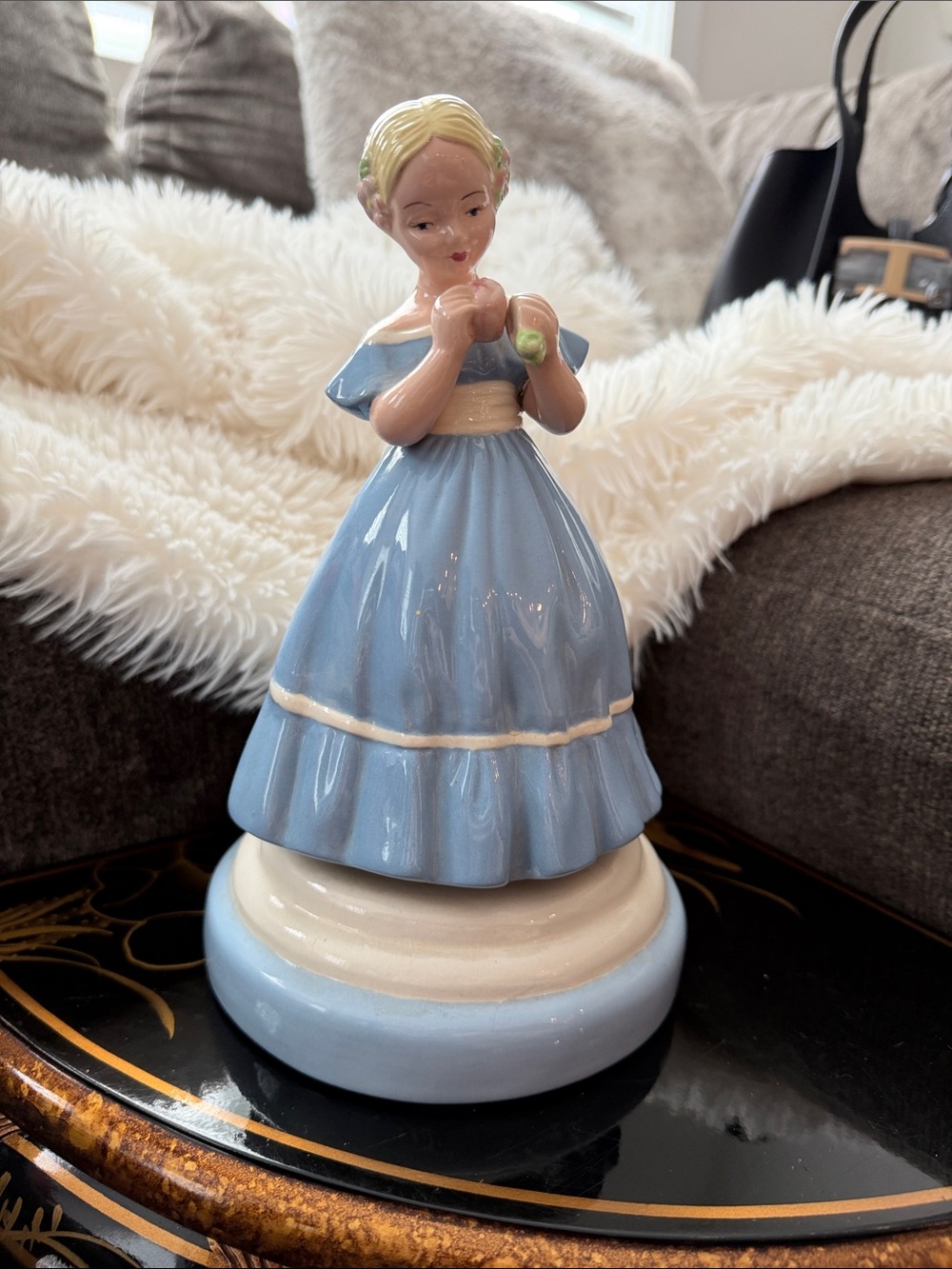 Antique Porcelain Girl Figurine Light Blue Dress signed F.K. 1970 Doll Music Box